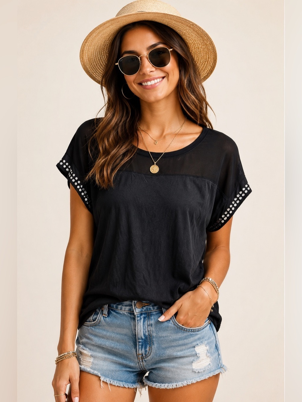 Faith and Joy Los Angeles Black Studded Sleeve Mixed Media Top Size Large